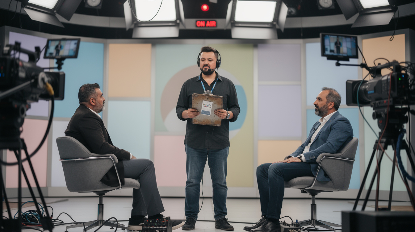 Floor manager mediating a tense moment on a live TV set