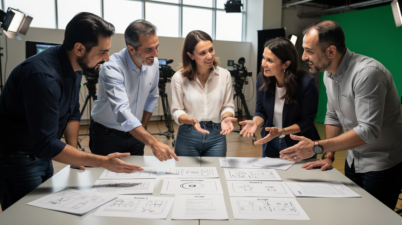 Team of TV production trainers discussing a case study around a table