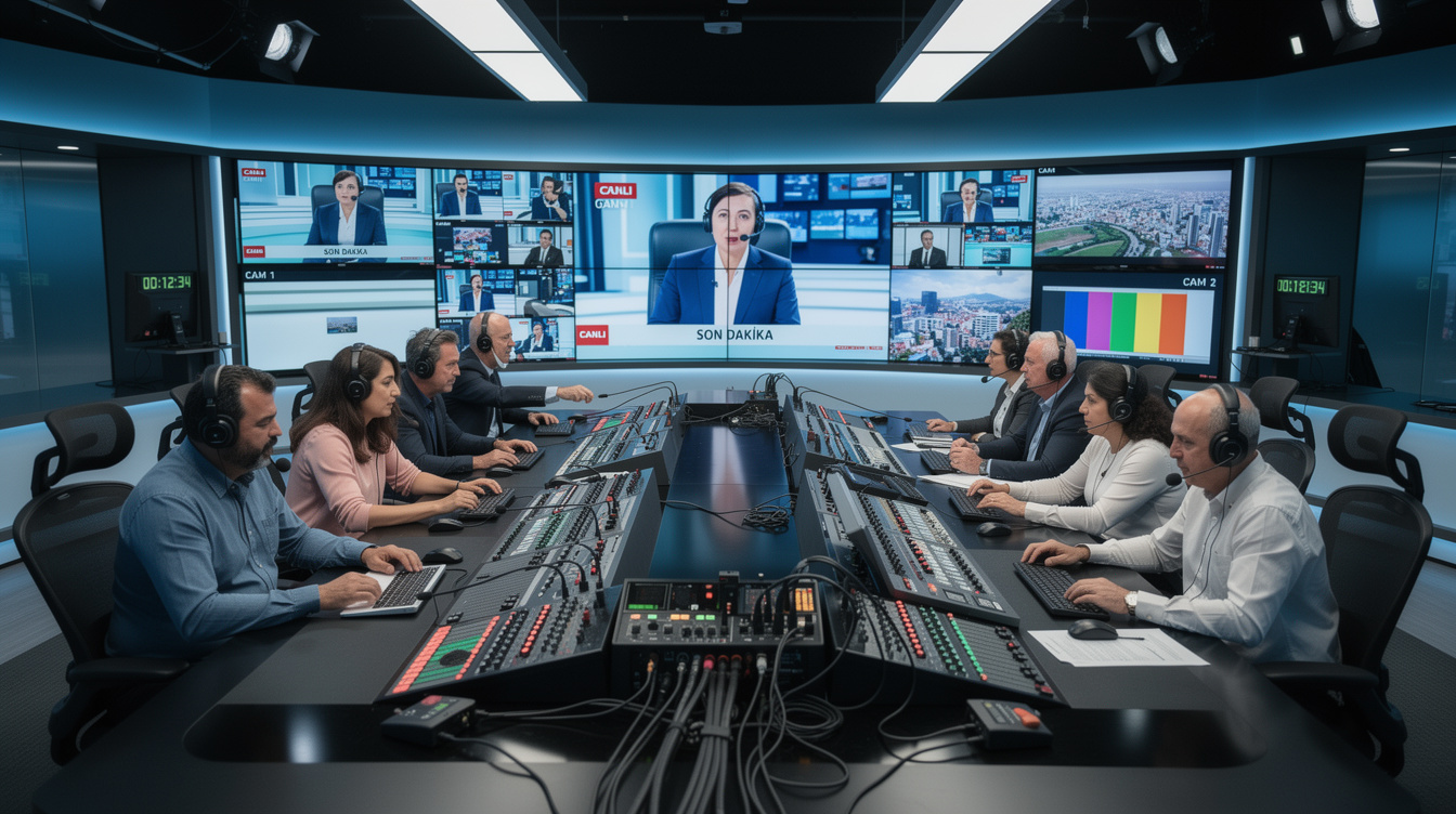 TV control room with directors monitoring live broadcast screens